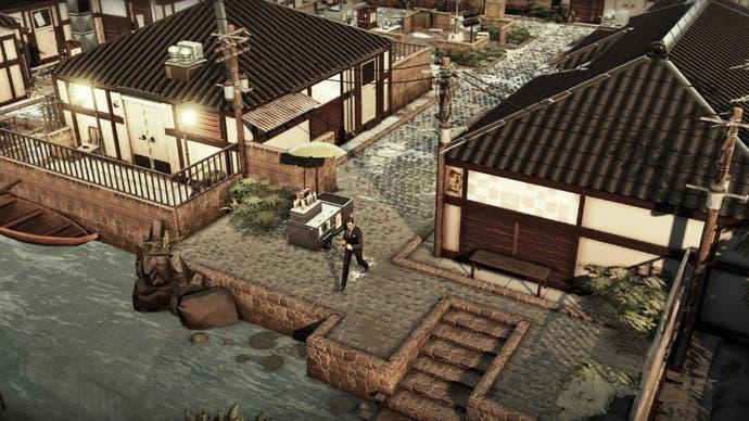James Bond running around a top-down environment in the mobile game Cypher 007.