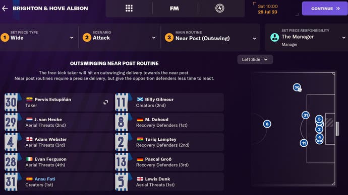 A menu screen in Football Manager Touch 24 where players are able to choose set piece tactics.