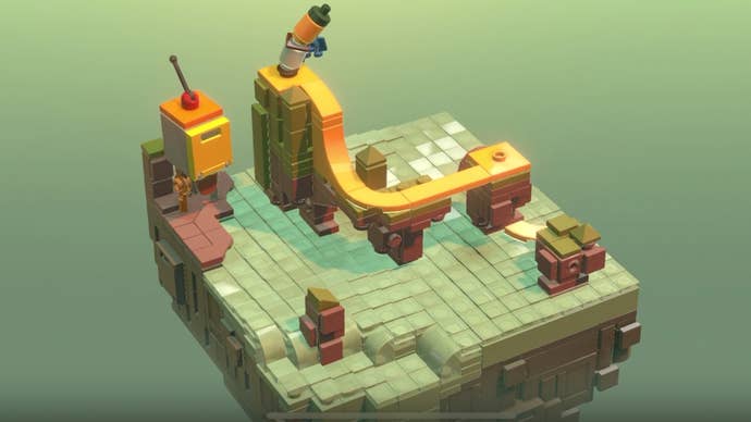 A LEGO set being built in the geometric puzzle game LEGO Builder’s Journey.
