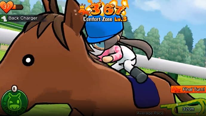 A cute chibi character riding a horse in the mobile game Pocket Card Jockey Ride On!