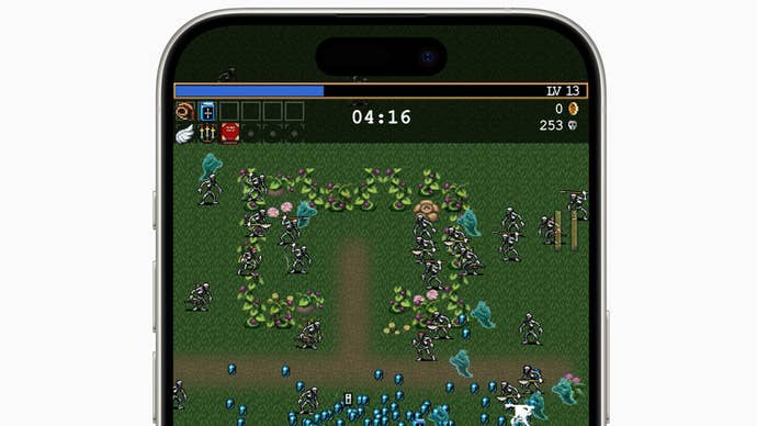 Apple Arcade title Vampire Survivors+ running on an iPhone.