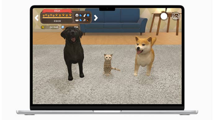 A MacBook running the Apple Arcade game with My Buddy, where players bond with cute cats and dogs.