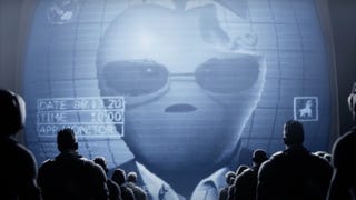 A still from Epic Games' Nineteen Eighty-Fortnite animated short showing a crowd staring up at a giant apple head wearing sunglasses on a black-and-white screen.