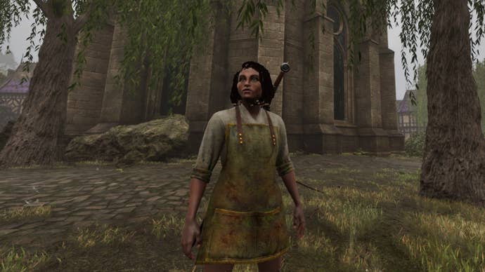 A female character wears the Apron of Adoitness armor in The Elder Scrolls IV: Oblivion Remastered.