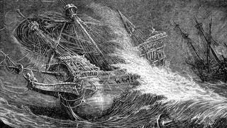An illustration of a galleon tilts in high waves.