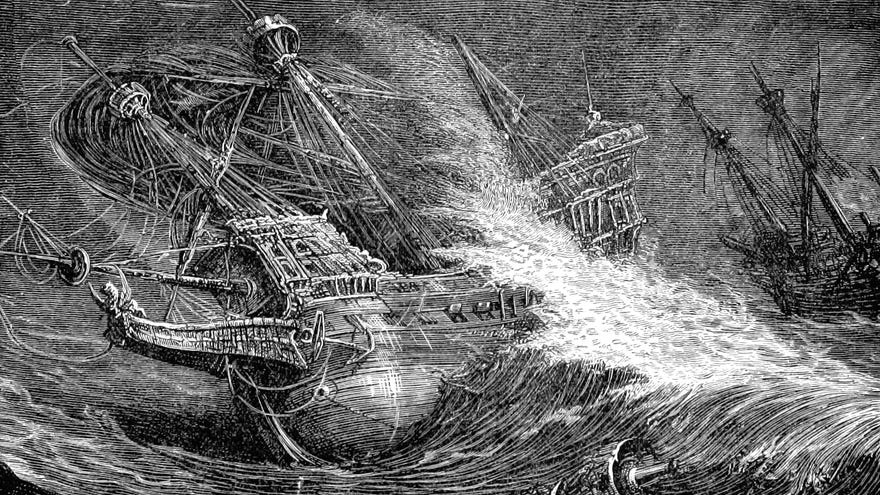An illustration of a galleon tilts in high waves.