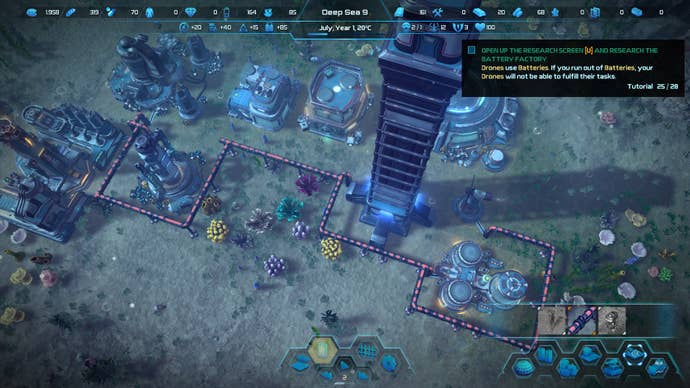 An Aquatico screenshot of interconnected underwater pipes providing energy to surrounding buildings.