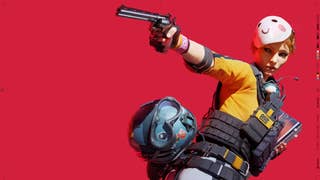 The Finals key art showing a character in protective gear holding up a pistol, against a bright red background