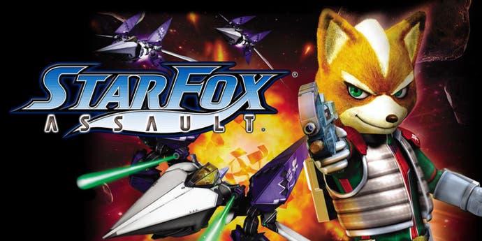 Star Fox Assault key art, shows several Arwings flying away from an explosion while Fox McCloud points a gun forward.