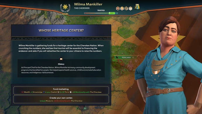 A chat with Wilma Mankiller about funding for a heritage centre.