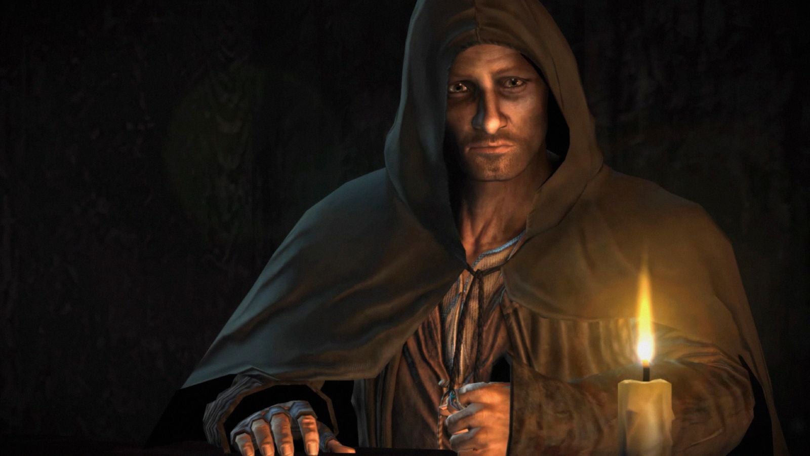 A hooded white man with somewhat dirty skin and stubble, sits in a dark corner lit by a candle. It's Aragorn from Lord of the Rings, and ne needs a bath.