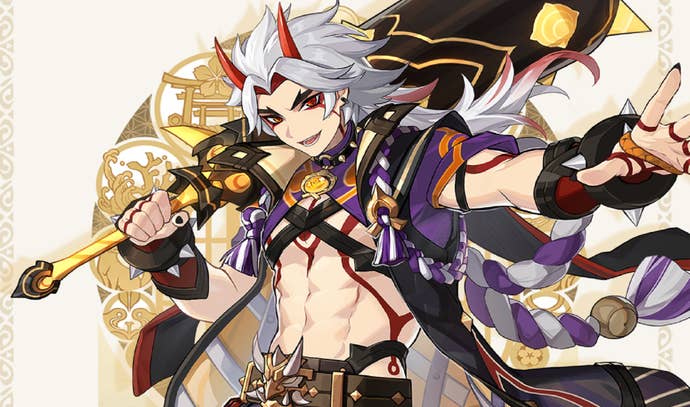 Arataki Itto from Genshin Impact, as seen on his character card.