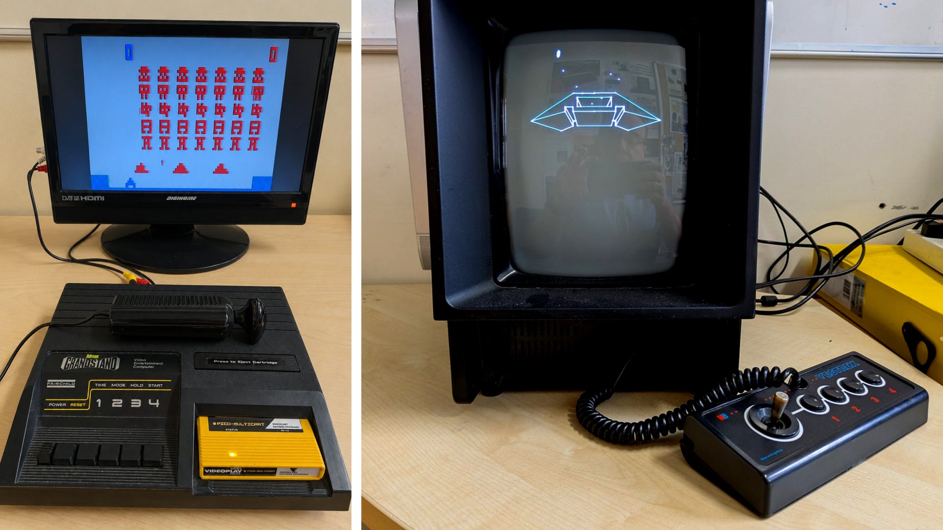 The Fairchild Channel F (L) and Smith Engineering's Vectrex (R).