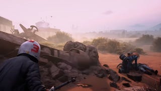 A raider holding a pipe sneaks up on another raider looting a body in gameplay from Arc Raiders