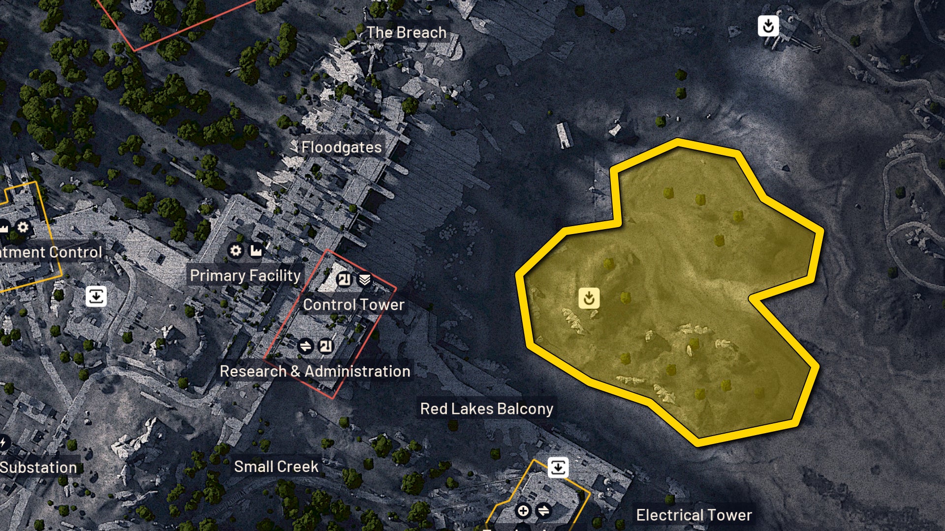 Part of the map of Dam Battlegrounds in Arc Raiders, with the prime locations for finding Apricots highlighted in yellow. - 8