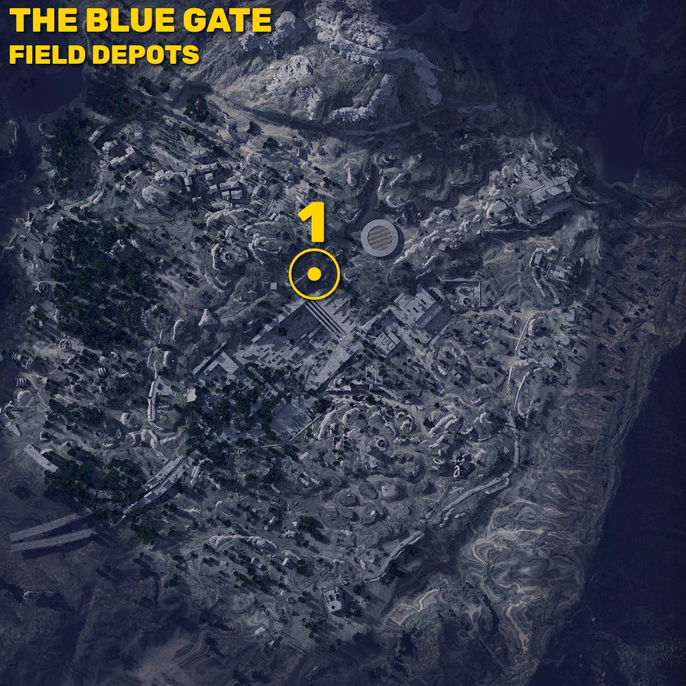 A map of The Blue Gate in Arc Raiders, with the location of the only Field Depot on the map marked with a yellow circle and number. - 8