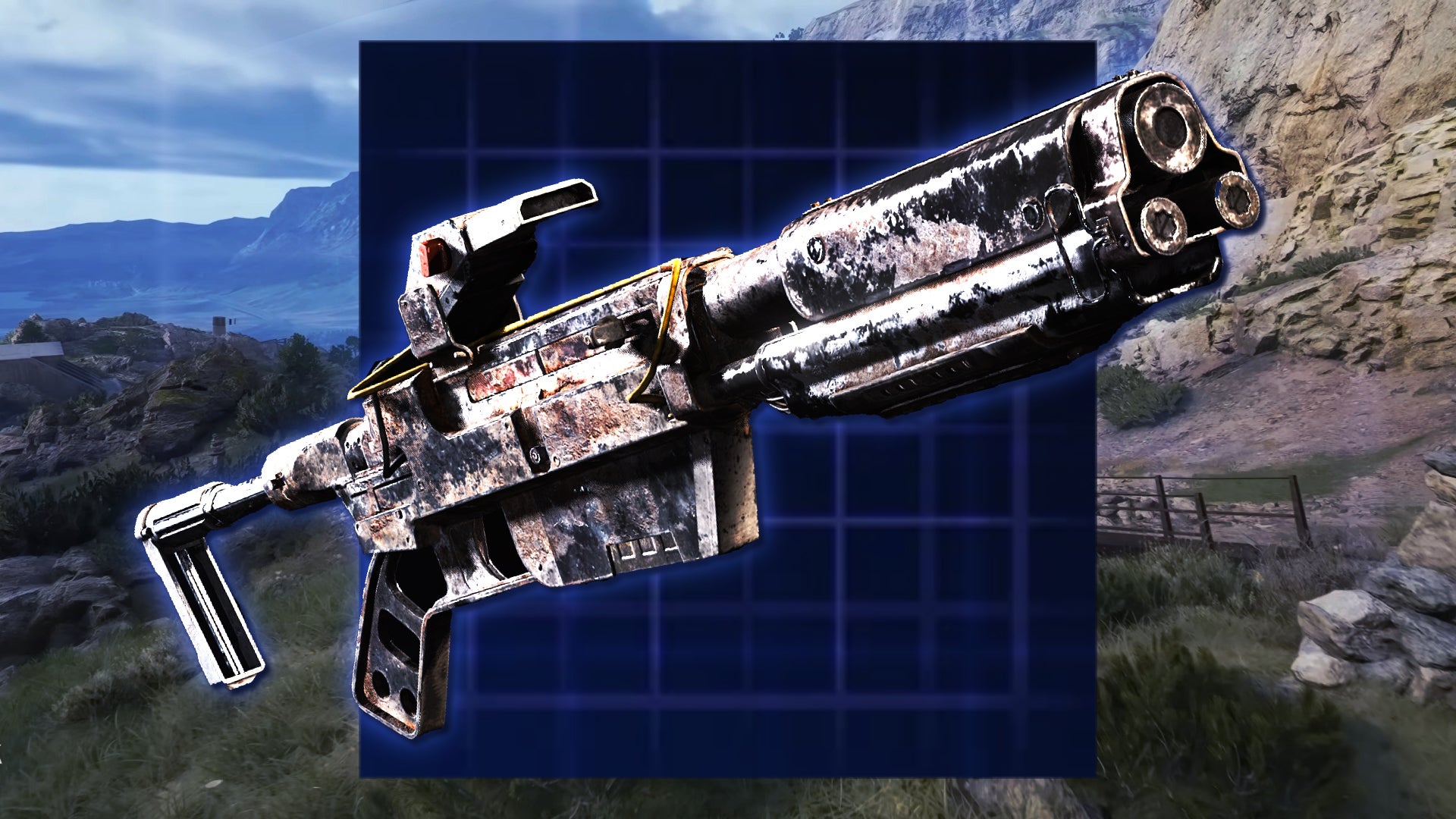 An establishing shot of the Blue Gate map in Arc Raiders, with a blueprint grid and a Vulcano shotgun superimposed over the centre of the screenshot. - 6