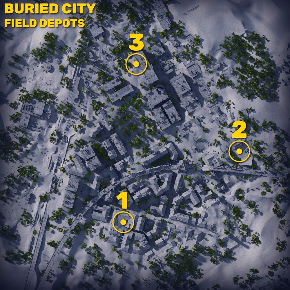 A map of Buried City in Arc Raiders, with the locations of all three Field Depots marked with yellow circles and numbers. - 6