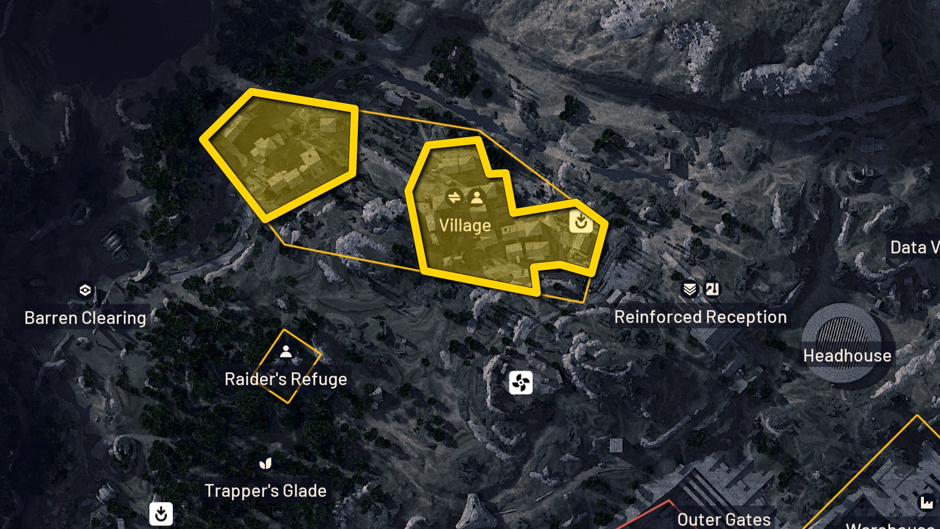 Part of the map of The Blue Gate in Arc Raiders, with the prime locations for finding Cat Beds highlighted in yellow. - 13