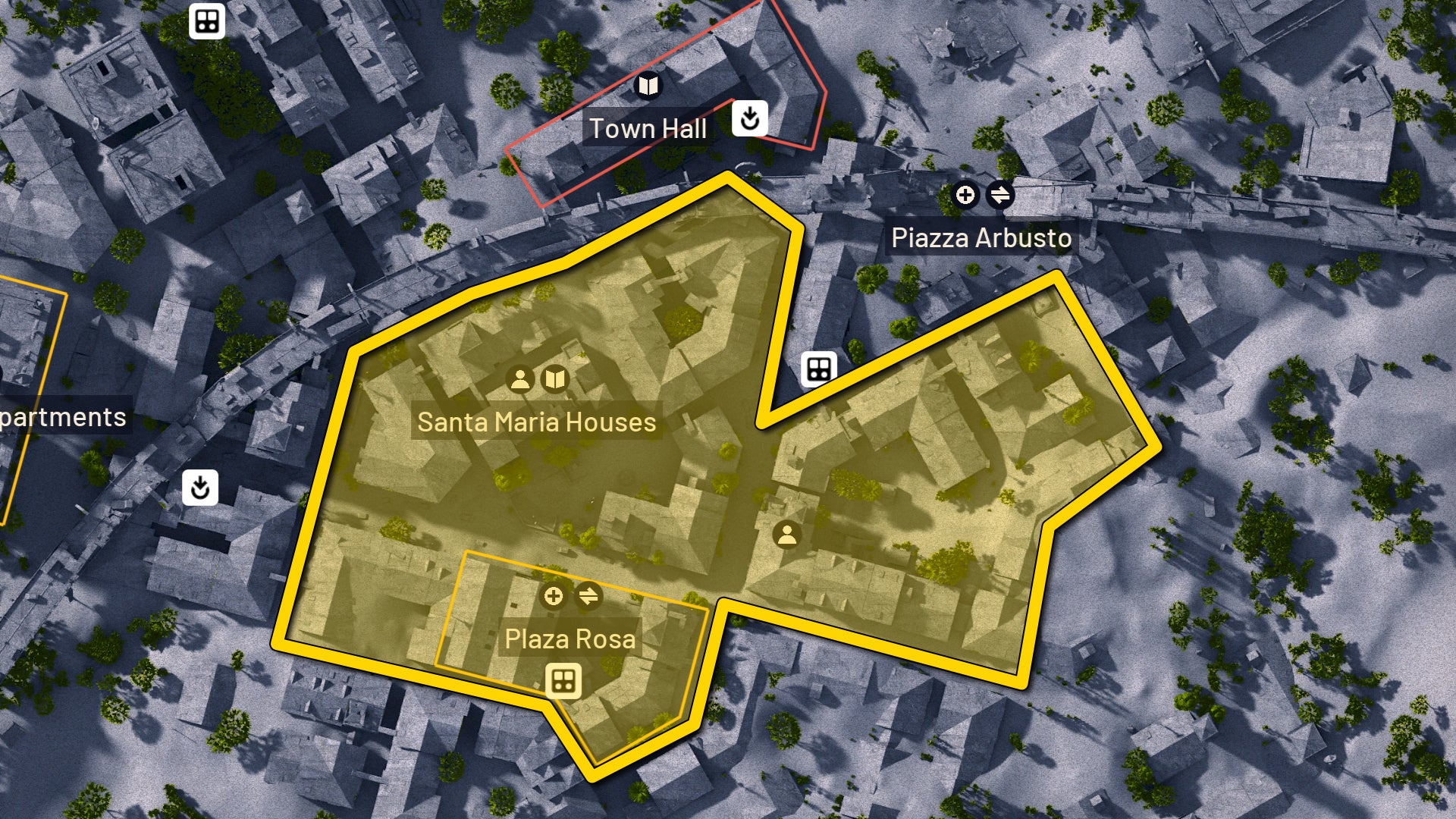 Part of the map of Buried City in Arc Raiders, with the prime locations for finding Cat Beds highlighted in yellow. - 14