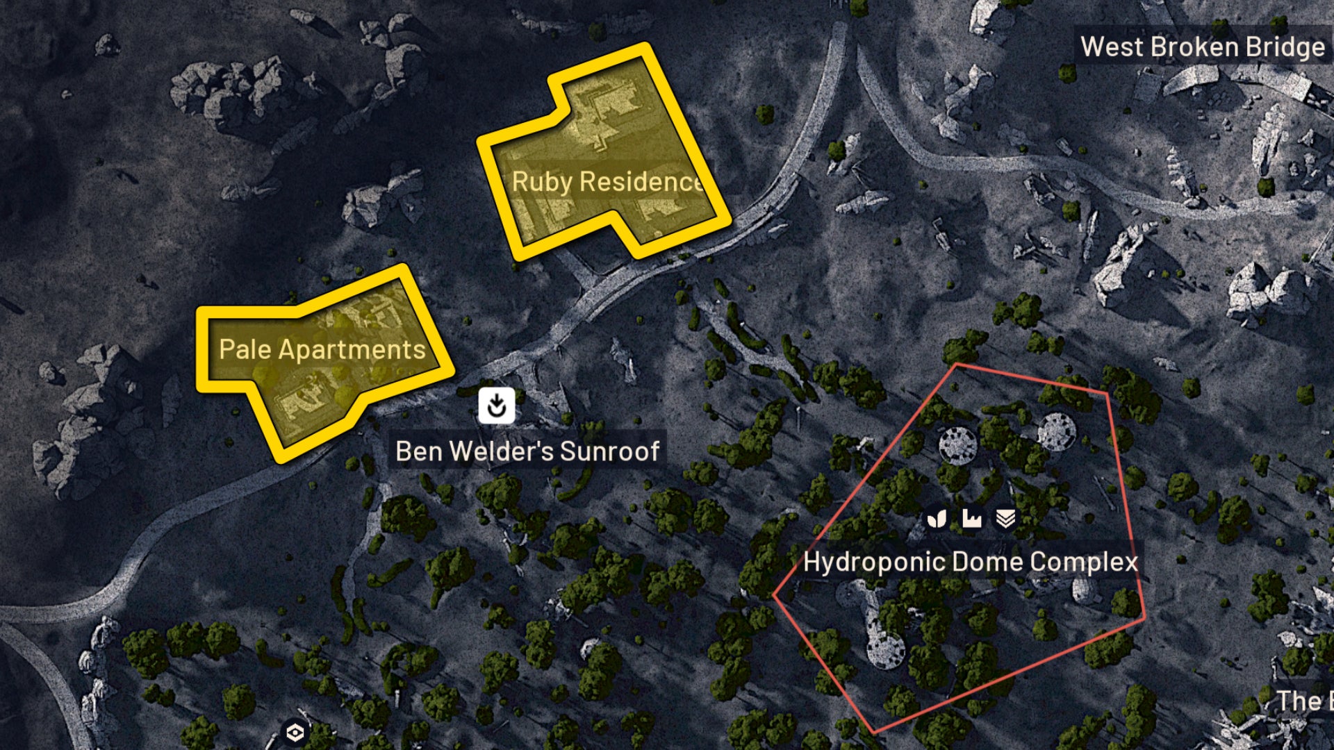 Part of the map of Dam Battlegrounds in Arc Raiders, with the prime locations for finding Cat Beds highlighted in yellow. - 11