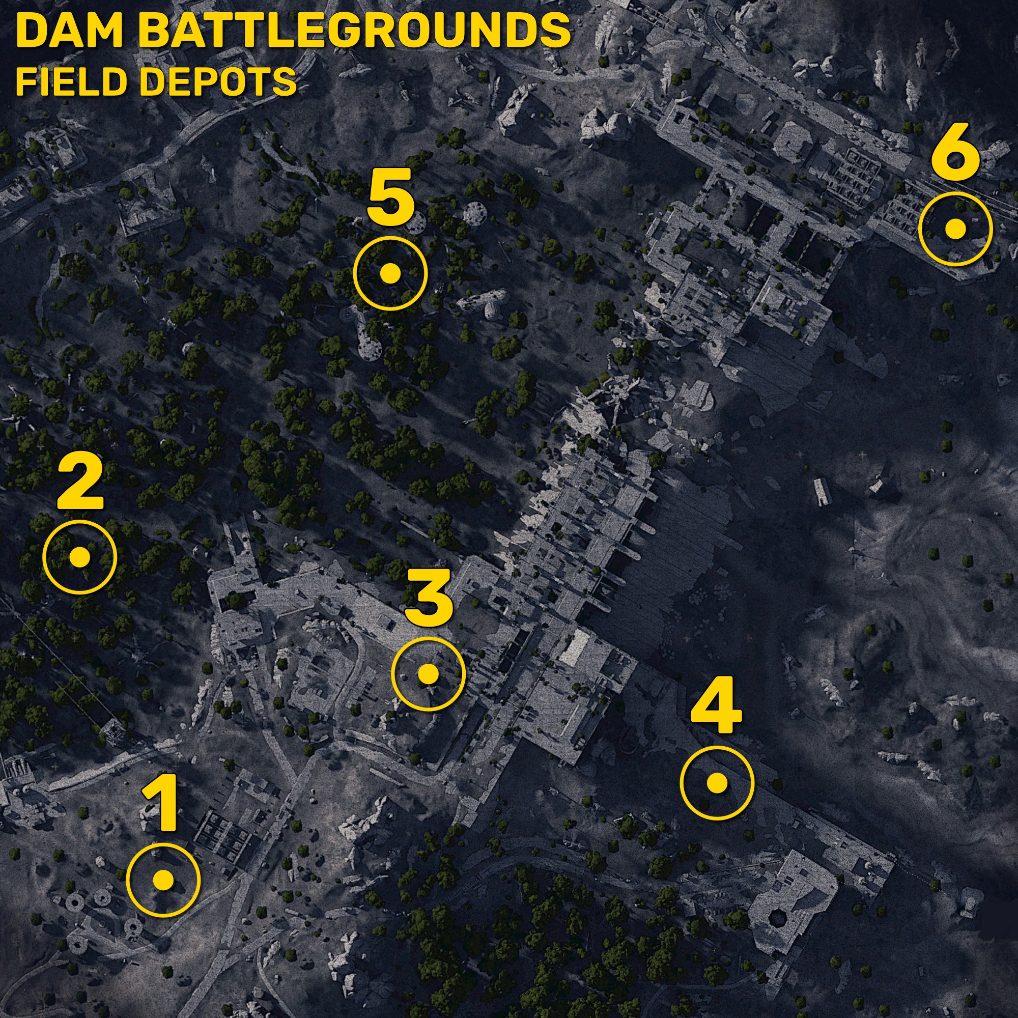 A map of the Dam Battlegrounds in Arc Raiders, with the locations of all six Field Depots marked with yellow circles and numbers. - 3