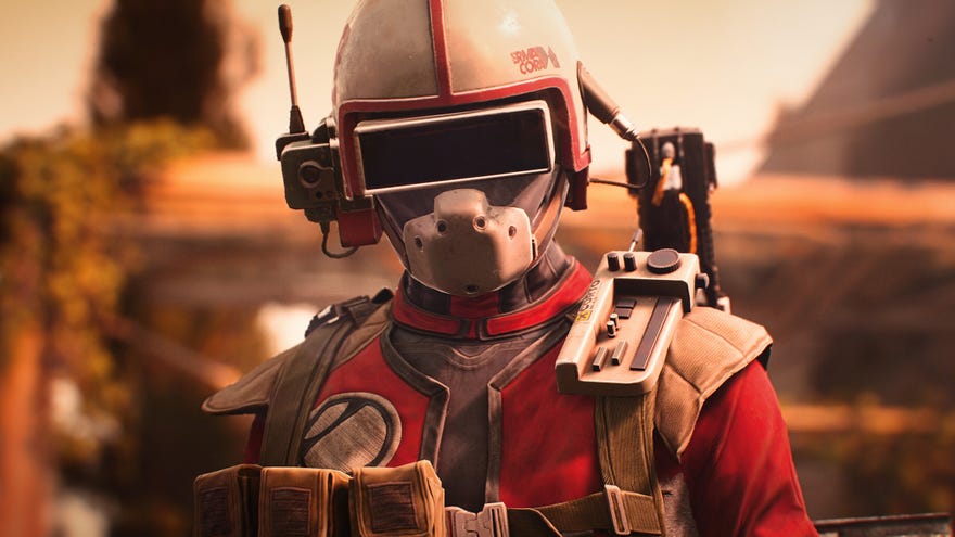 A survivor in a face-covering helmet looks threatening in Arc Raiders.