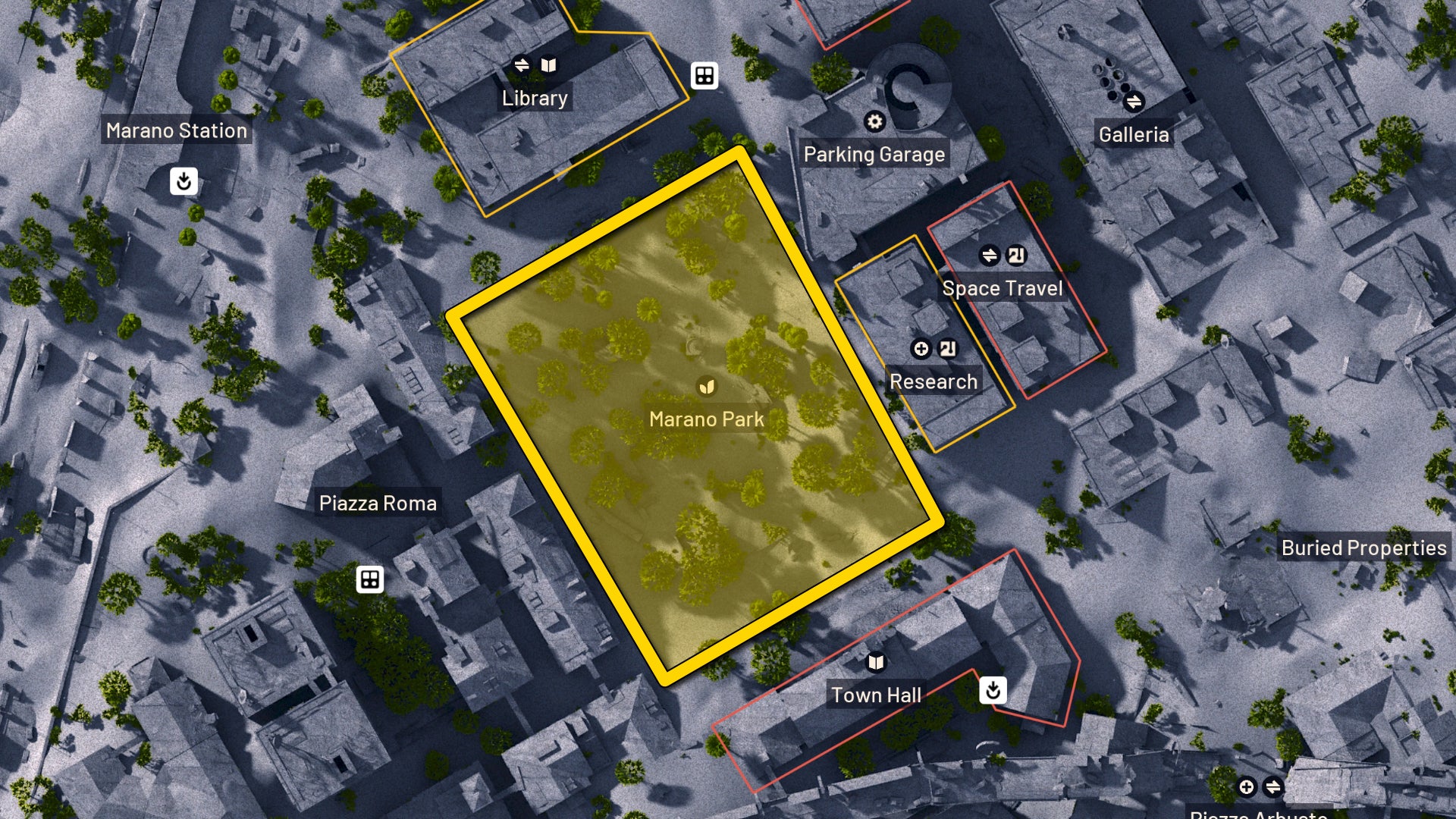 Part of the map of Buried City in Arc Raiders, with the prime locations for finding Lemons highlighted in yellow. - 7