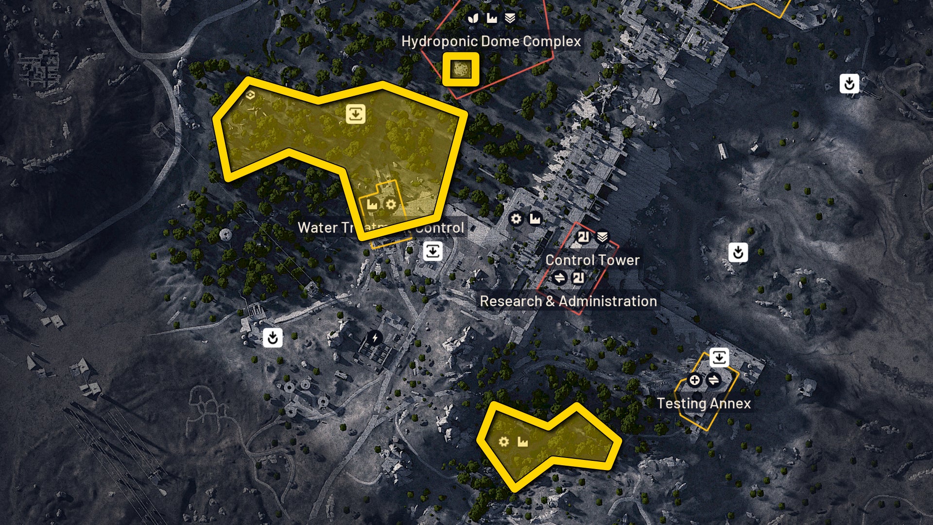 Part of the map of Dam Battlegrounds in Arc Raiders, with the prime locations for finding Mushrooms highlighted in yellow. - 15