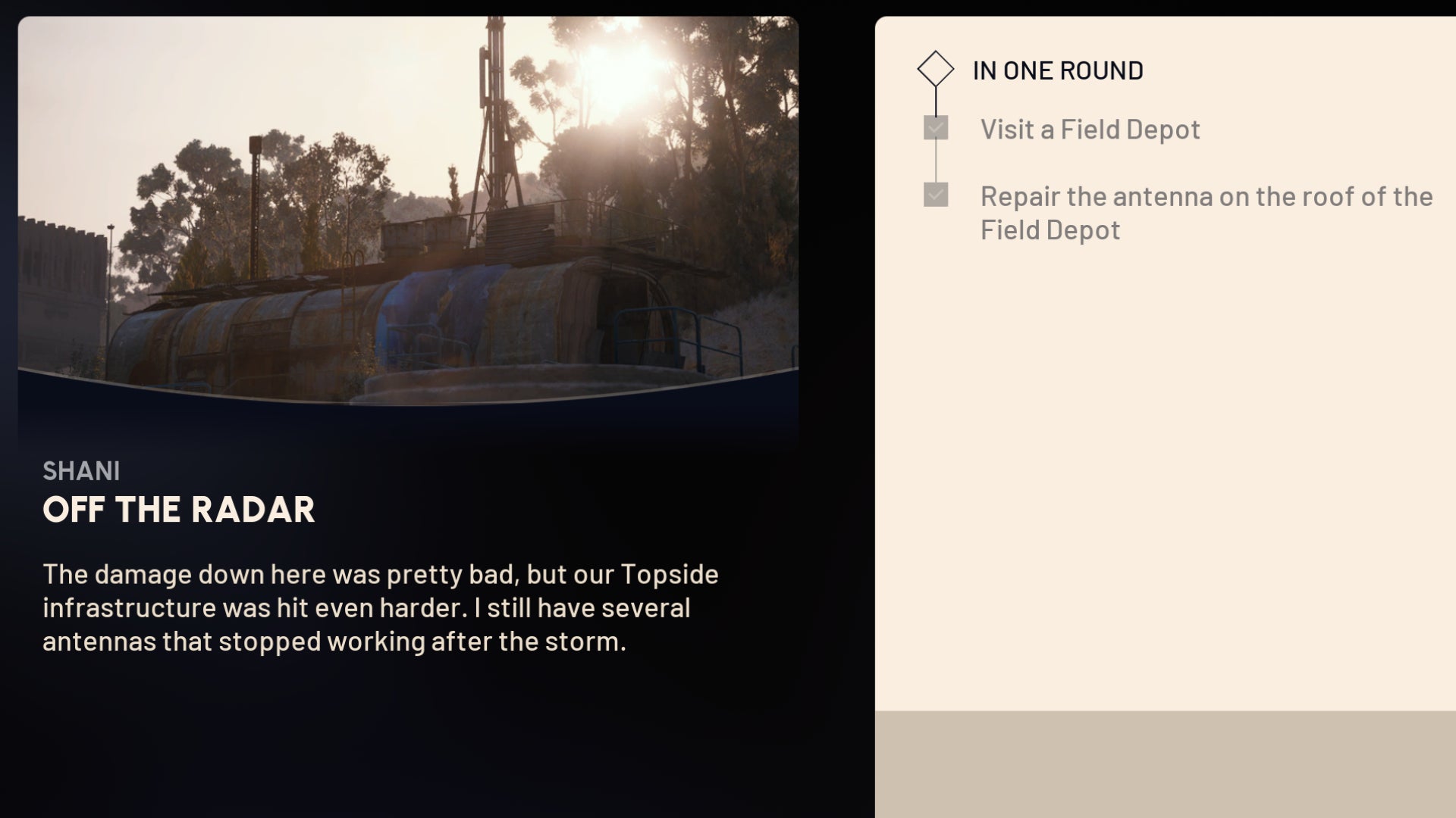 The Off The Radar quest codex entry in Arc Raiders, showing the quest name and description on the left, and the steps of the quest on the right. - 9
