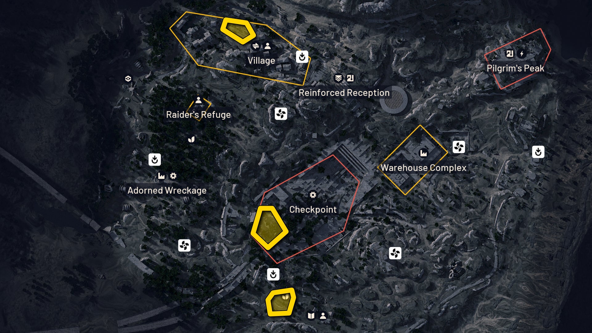 Part of the map of The Blue Gate in Arc Raiders, with the prime locations for finding Olives highlighted in yellow. - 10