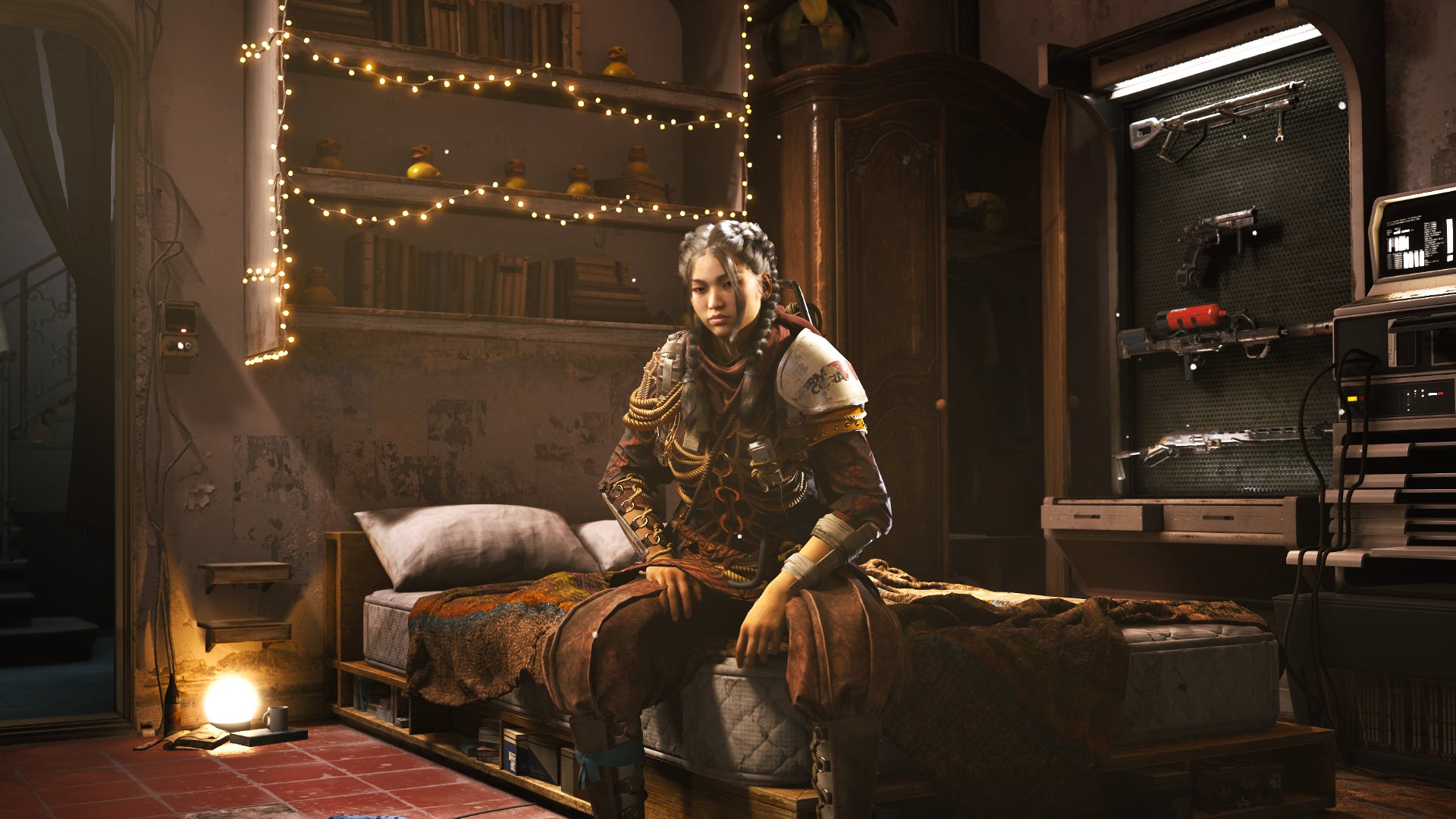 A female player character in Arc Raiders sits on their bed inside their Raider Den in the hub city of Speranza. - 3