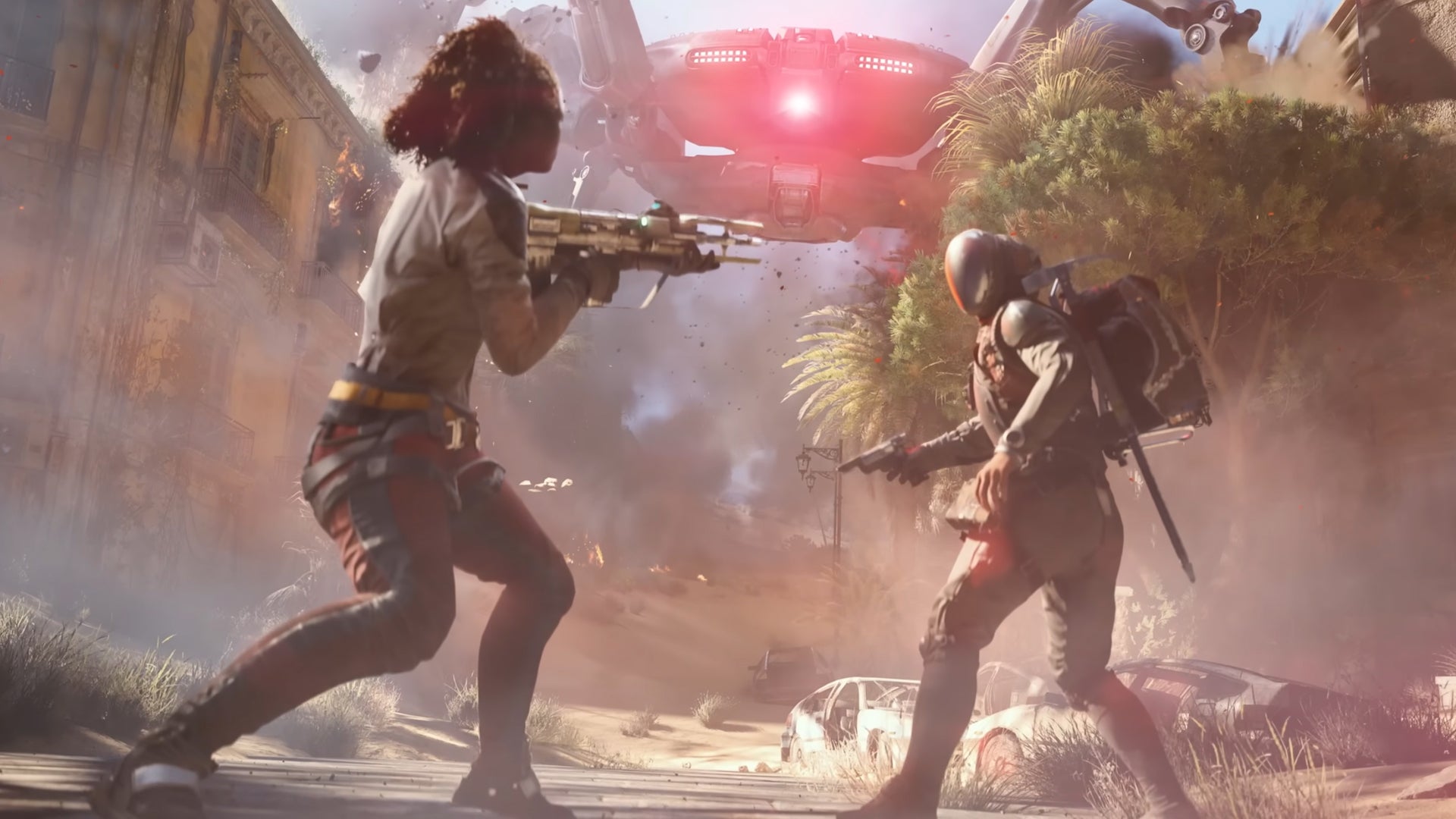 A woman is pointing a gun at a man in a sci-fi mask, a giant robot heading towards them in the background in a cinematic trailer for Arc Raiders. - 4