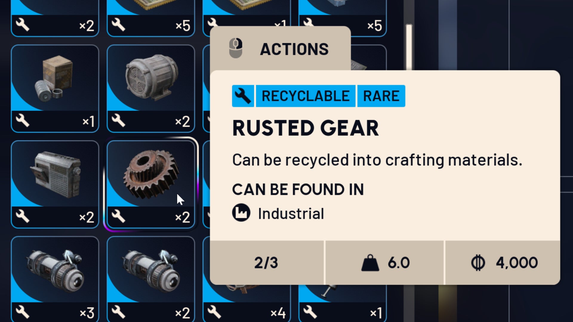 A close-up of the Arc Raiders inventory UI, where the player is hovering over a Rusted Gear icon to bring up its description. - 3