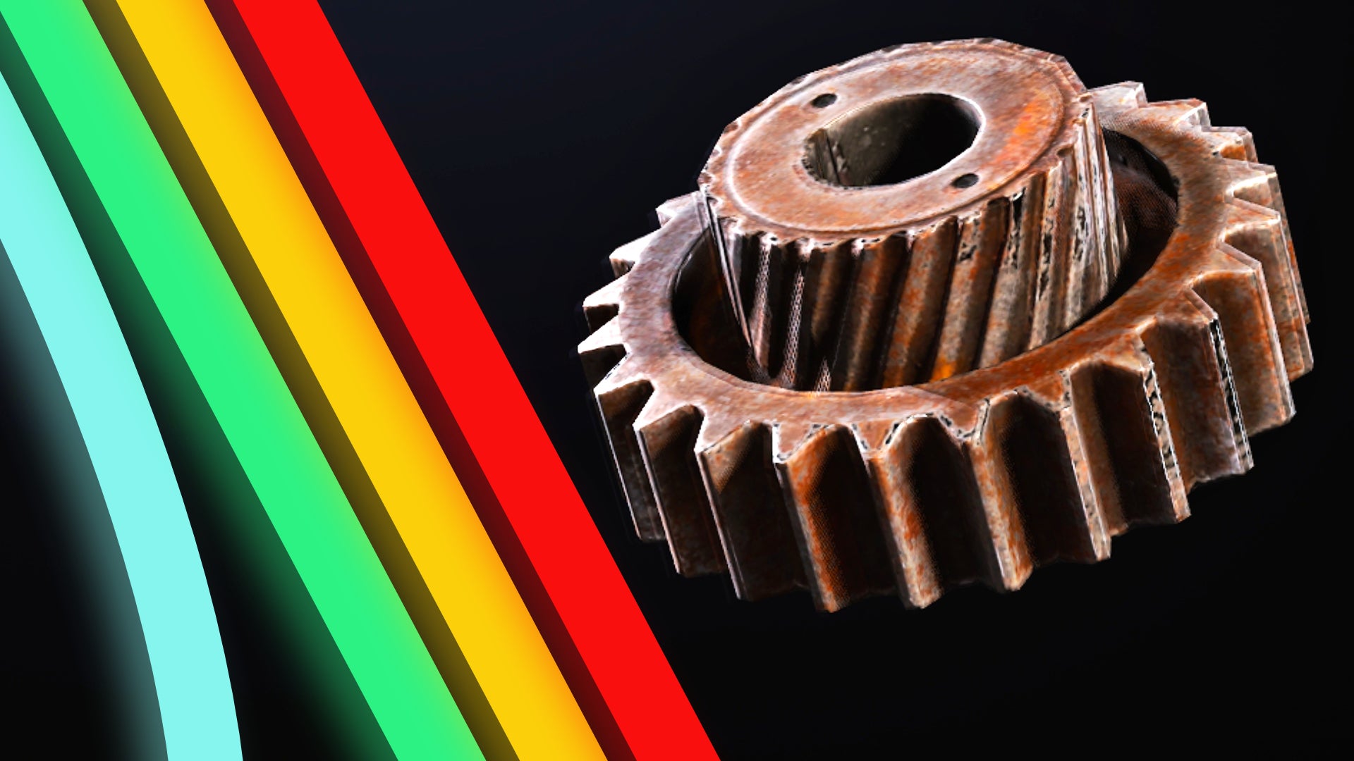 A close-up of a Rusted Gear item in Arc Raiders, superimposed next to the distinctive artistic motif of four coloured lines present in various aspects of the Arc Raiders theme.