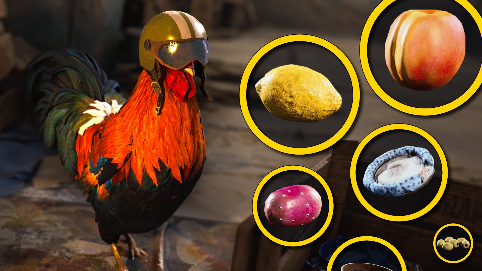 Scrappy, the Rooster companion in Arc Raiders, sits in the raider's room on the left side of the screen. In the foreground on the right are yellow outlined circles, each one containing different materials required to upgrade Scrappy. From top-left to bottom-right, the materials are: Lemon, Apricot, Prickly Pear, Cat Bed, Dog Collar, and Olives.