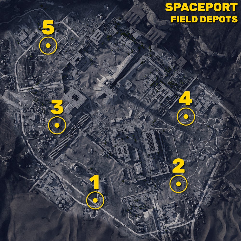 A map of the Spaceport in Arc Raiders, with the locations of all five Field Depots marked with yellow circles and numbers. - 7