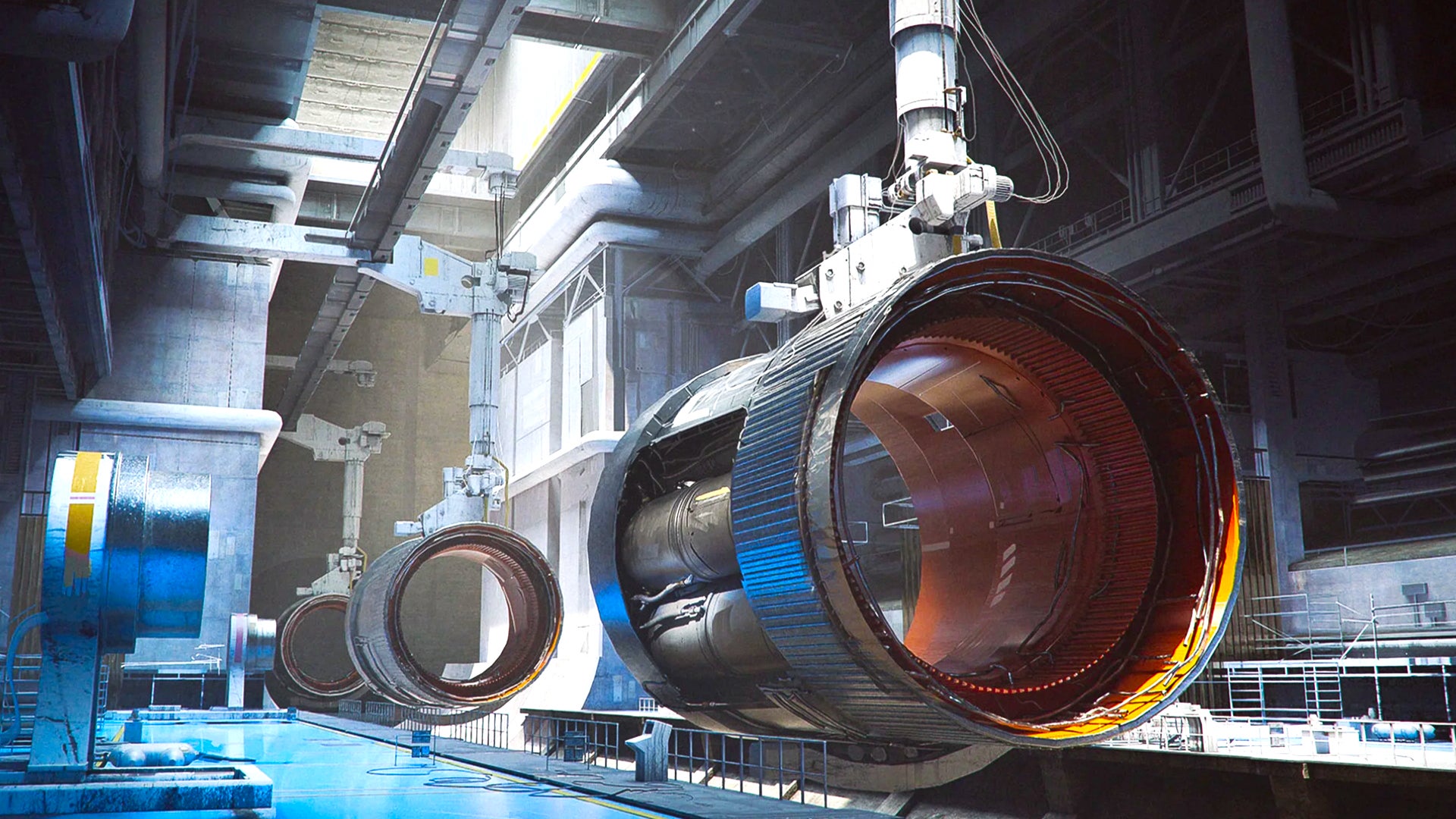 An establishing shot of the Loading Bay in Stella Montis, an indoor map in Arc Raiders, showing two large cylindrical structures held aloft in the middle of the bay by large tethers. - 5