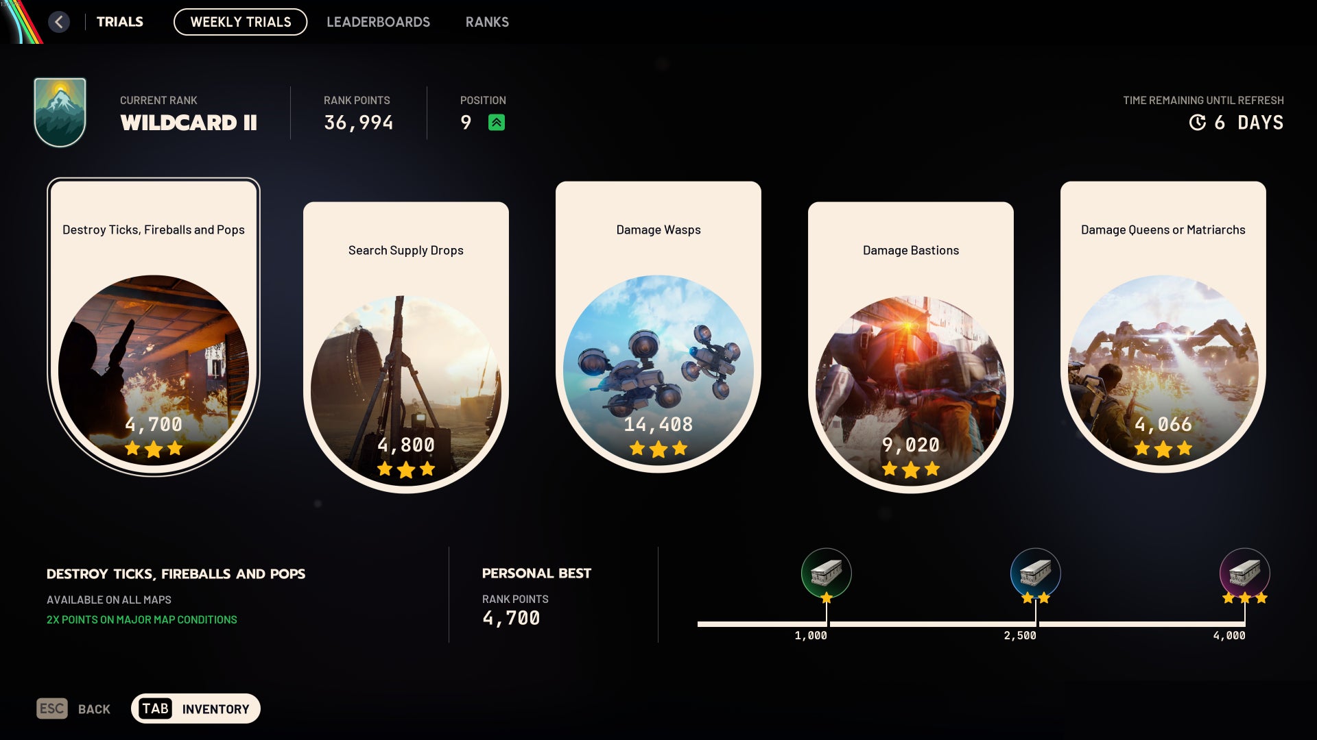 The Weekly Trials screen in Arc Raiders, with the five trials of the week shown as having been completed to three-star quality. - 10