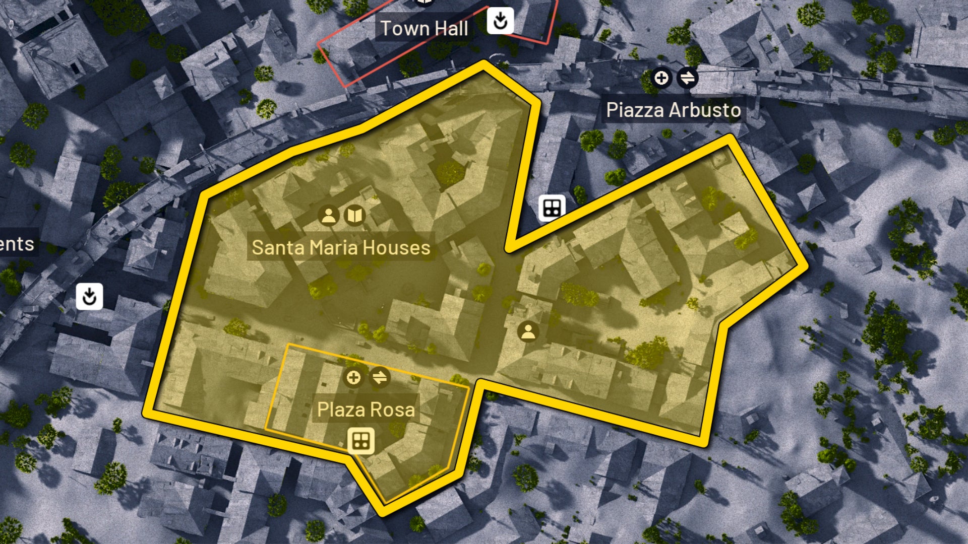Part of the map of Buried City in Arc Raiders, with the prime locations for finding Very Comfortable Pillows highlighted in yellow. - 16