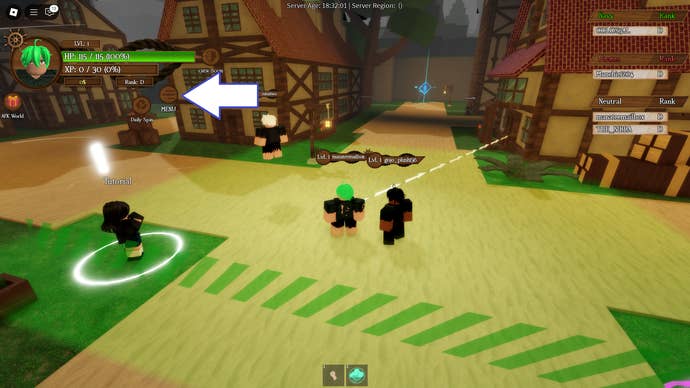 A screenshot of Arcane Seas in Roblox showing the game’s menu button.