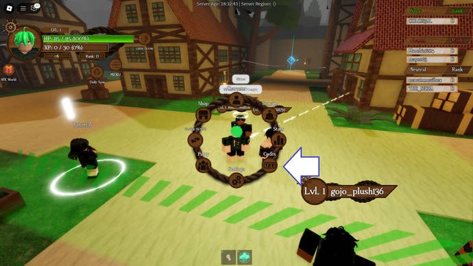 A screenshot of Arcane Seas in Roblox showing the game’s codes button.