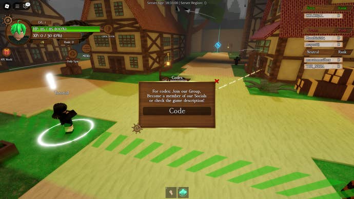 A screenshot of Arcane Seas in Roblox showing the game’s codes screen.