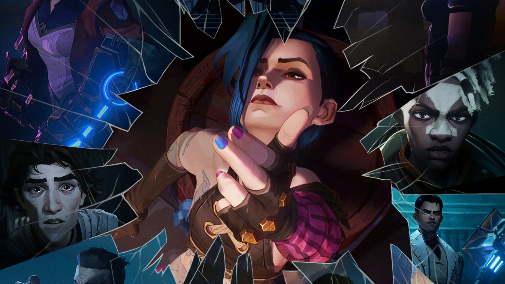 A poster for Arcane, showing Jinx surrounded by other characters superimposed over various bits of a broken mirror. - 1