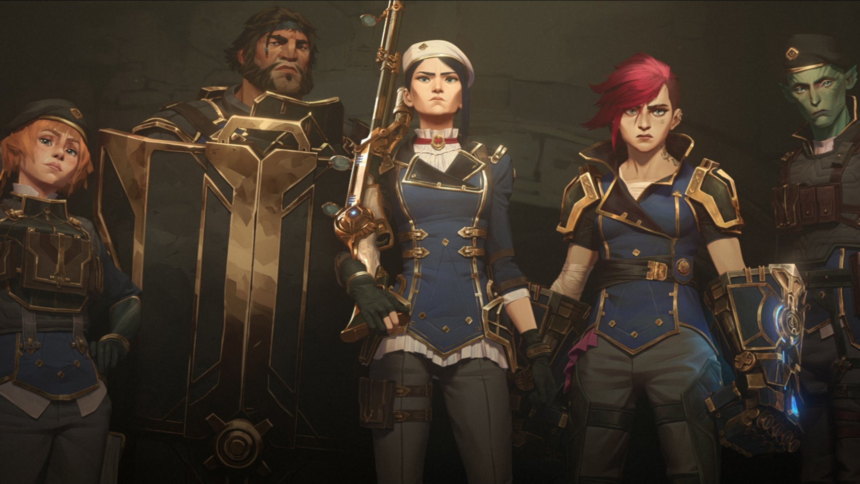 A group of characters from Arcane including Caitlyn and Vi wearing Enforcer uniforms looking quite serious. - 1