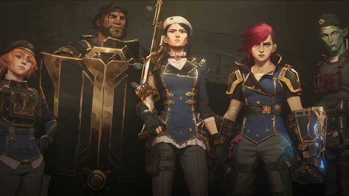 A group of characters from Arcane including Caitlyn and Vi wearing Enforcer uniforms looking quite serious.
