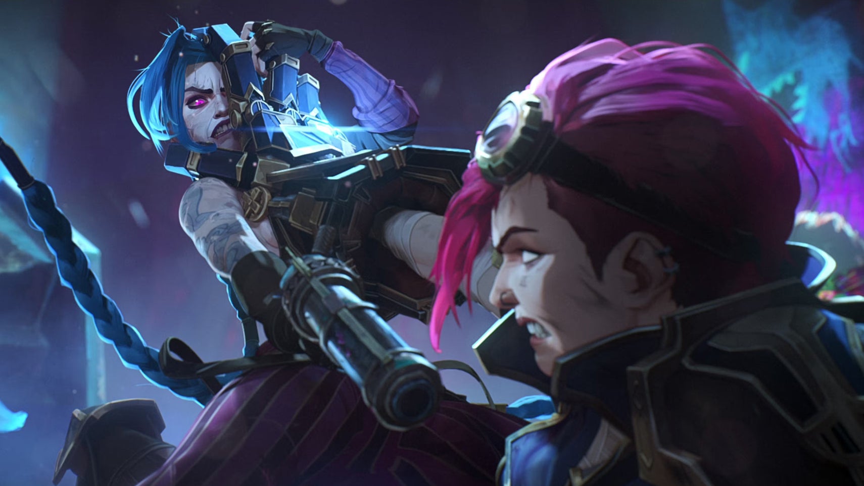 Vi, a pink haired woman with goggles on her forehead, is slapping Jinx, a blue haired woman with a long ponytail, in the face with a big metal glove in key art for Arcane season 2. - 1