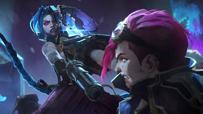 Vi, a pink haired woman with goggles on her forehead, is slapping Jinx, a blue haired woman with a long ponytail, in the face with a big metal glove in key art for Arcane season 2.