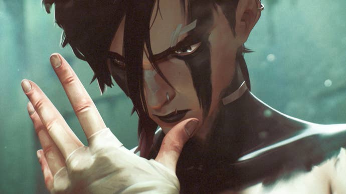 A still from Arcane season 2 of Vi, she looks deeply sad and angry, staring at her hand, her typically pink hair dyed black.