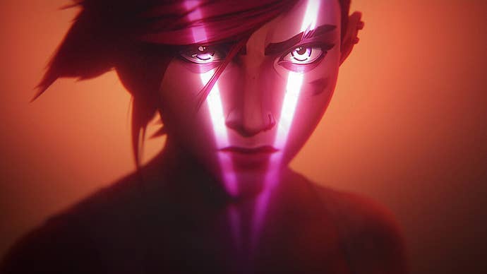 Vi, a woman with short pink hair tied back in bangs, is illuminated by two lines that look like a V in Arcane.